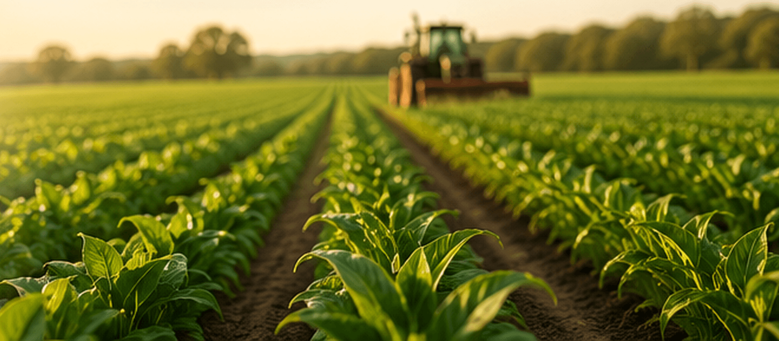 Lush green crop field rows under golden sunlight