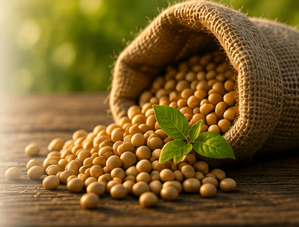 Golden seeds spilling from a burlap sack with a green sprout