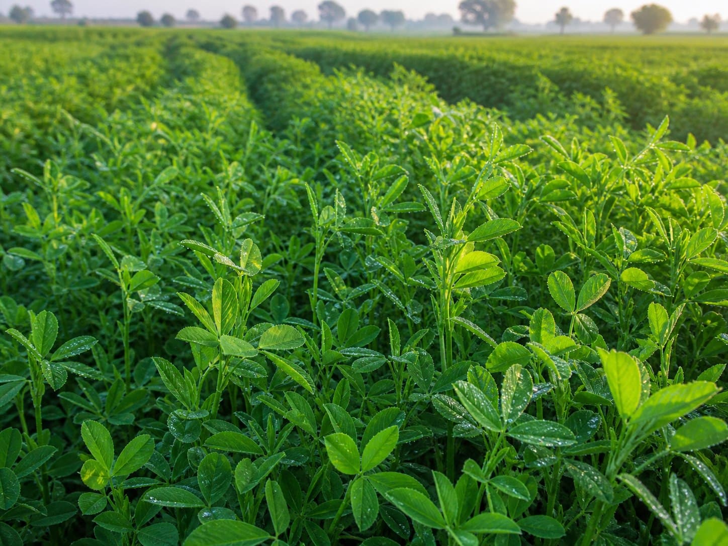 Lush green fodder crop growing in neat field rows