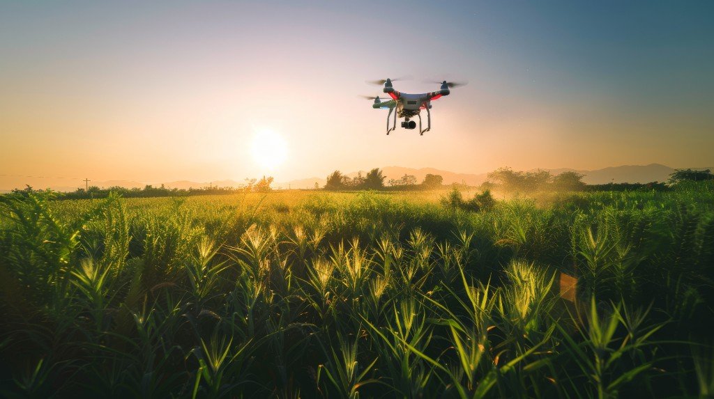 Agricultural drone over green crops at sunrise representing innovation and trust