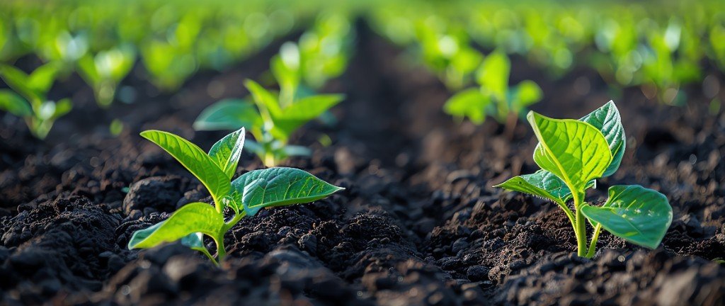Healthy young plants growing in dark rich soil