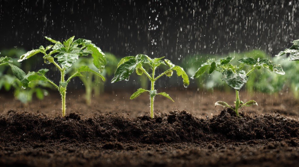 Young seedlings sparkling under fresh watering rain