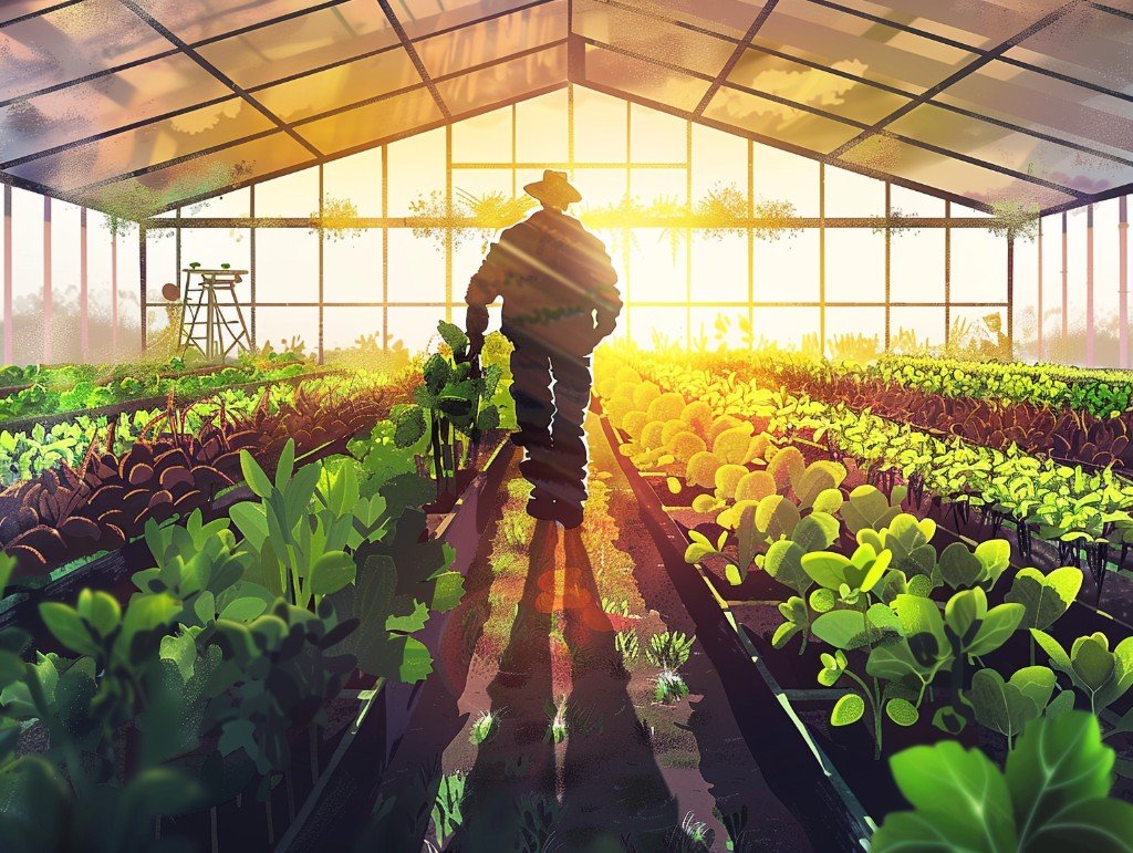 Farmer walking through a sunlit greenhouse toward a bright future harvest